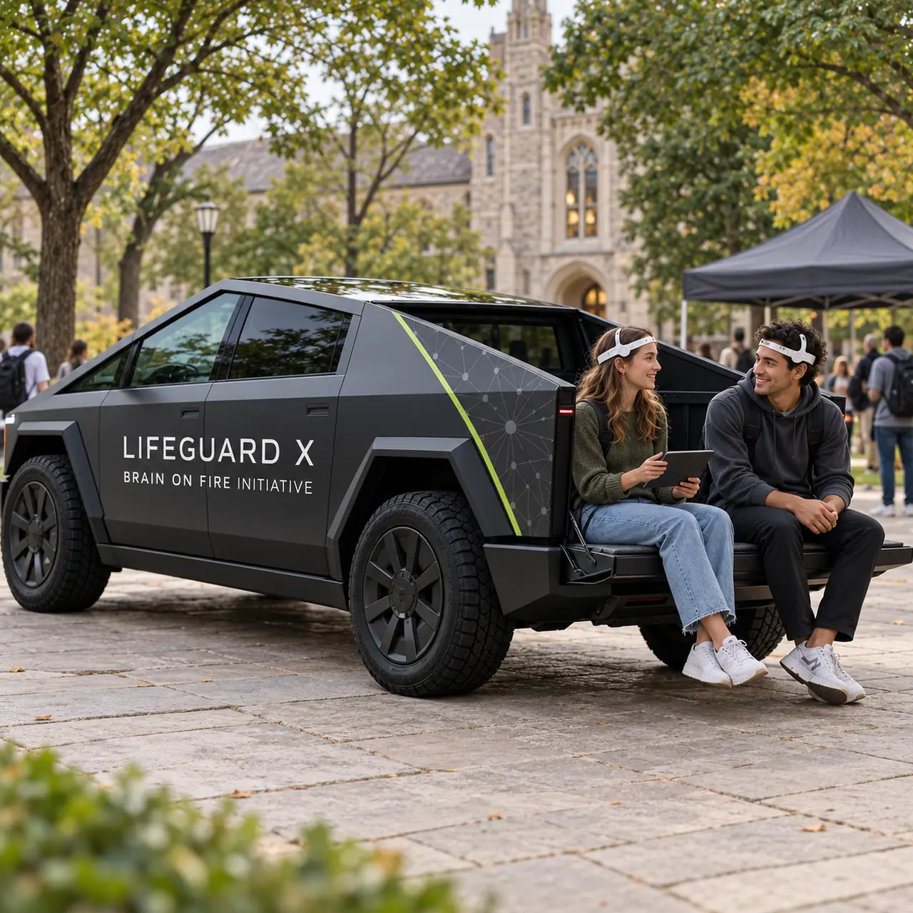 Matte black Cybertruck with a lime stripe and Lifeguard X / Brain On Fire Initiative lettering, two students in EEG headbands sitting on the tailgate on a daytime campus.